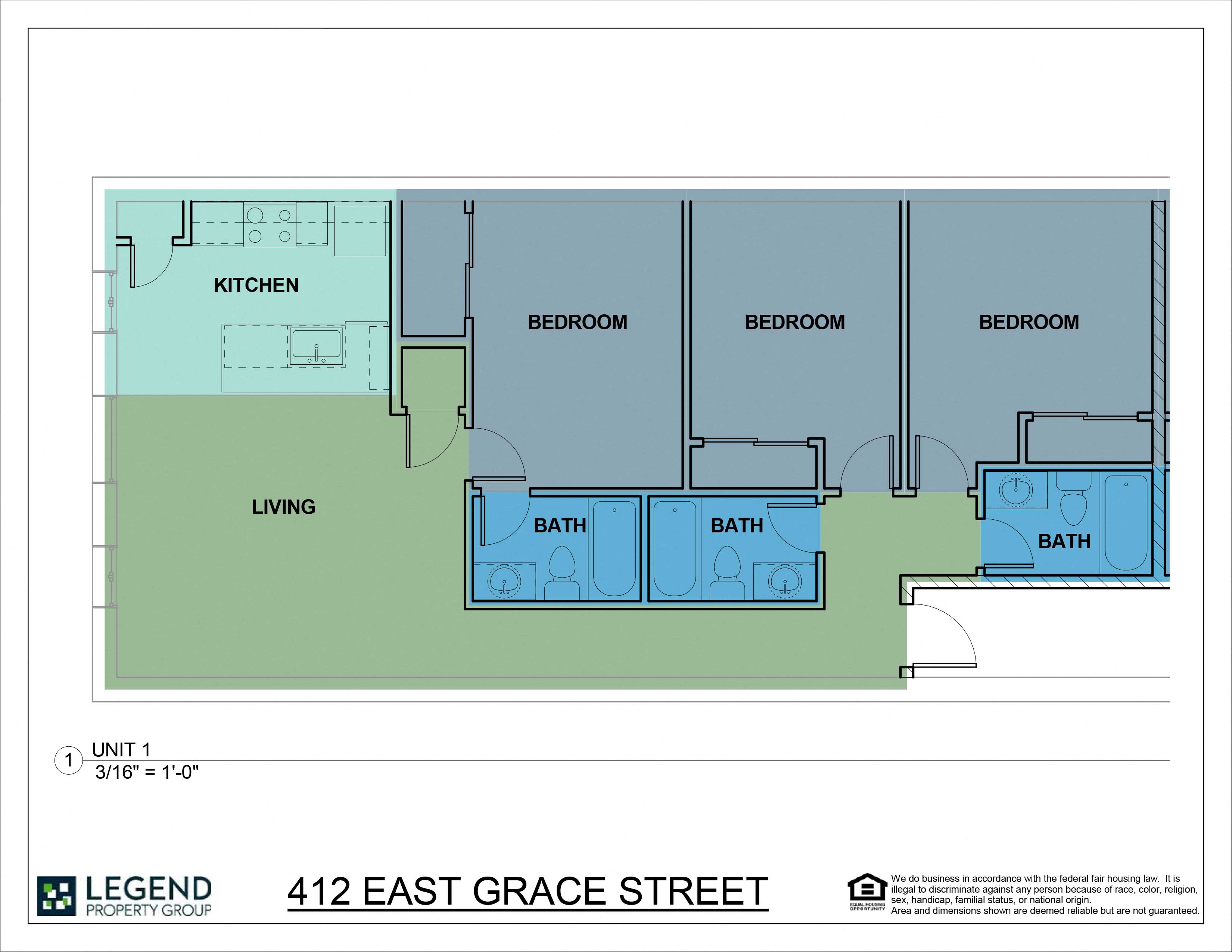 Floor plan for 3 beds, 3 baths, 1201 sqft